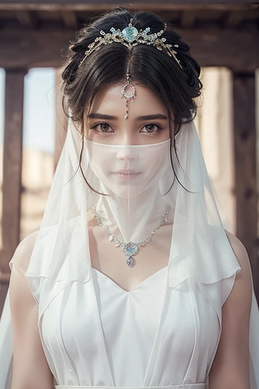  1 beautiful woman ，Desert princess， dark skin （（（ has very delicate eyes）））（（（Hair accessories）））（（（veil：24））））（（（veil））），necklace，Wear a white conservative silk dress， (( radiant skin ))（（（masterpiece）））， （（ Best Quality ））， （（ Complex details ））， （（ surreal ））（8K）