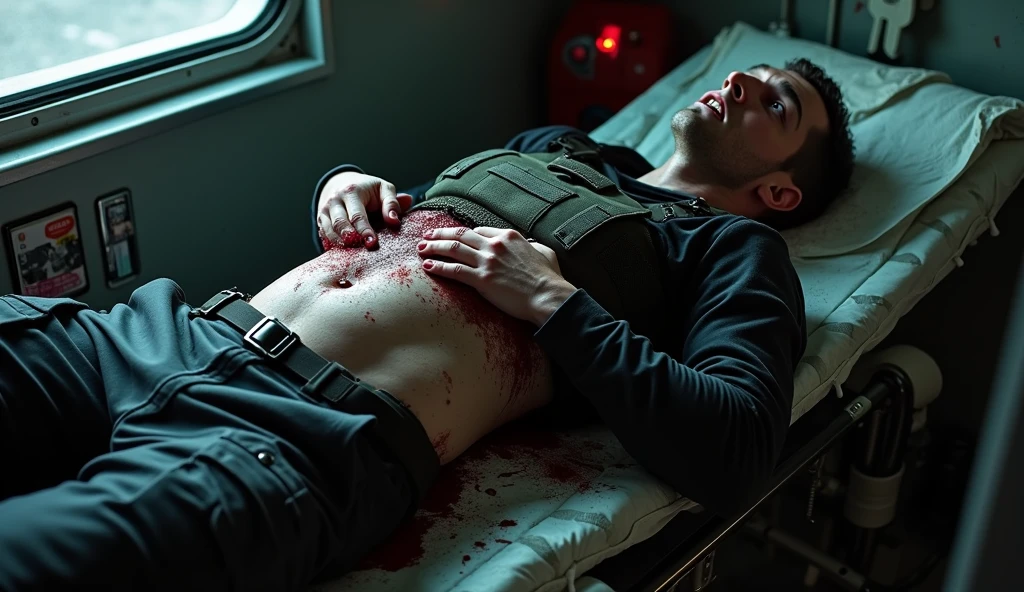 "A realistic image of a white man lying on a bed with bullet wounds visible on his chest, partially covered by bandages."