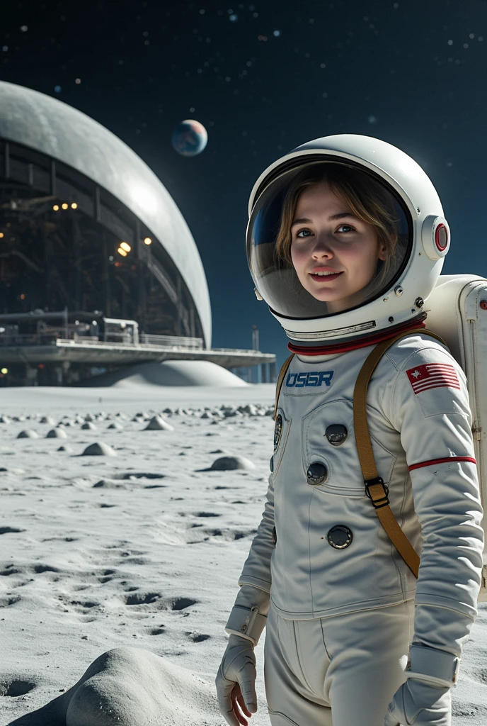  of incredible beauty and epic. ,  in the foreground is a girl in a high-tech (sci-fi) in a white space suit with the inscription  "ussr"on the left chest , through a helmet, we see its stunning beauty, a young smiling face and short straw hair ), , it stands and looks forward towards the endless lunar surface, dug by craters and individual stones, where a huge futoristic structure stands in front  ( USSR lunar base , a large dome made of dark glass , frame woven into structures of unusual shape ,sluice, equipment hangar ,  and in From the distance, you can see a futuristic space ship taking off from the cosmodrome towards earth ,  above her head endless space with constellations , nebulae and distant stars , , you can see planet Earth ,  photorealistic shot of high detail .