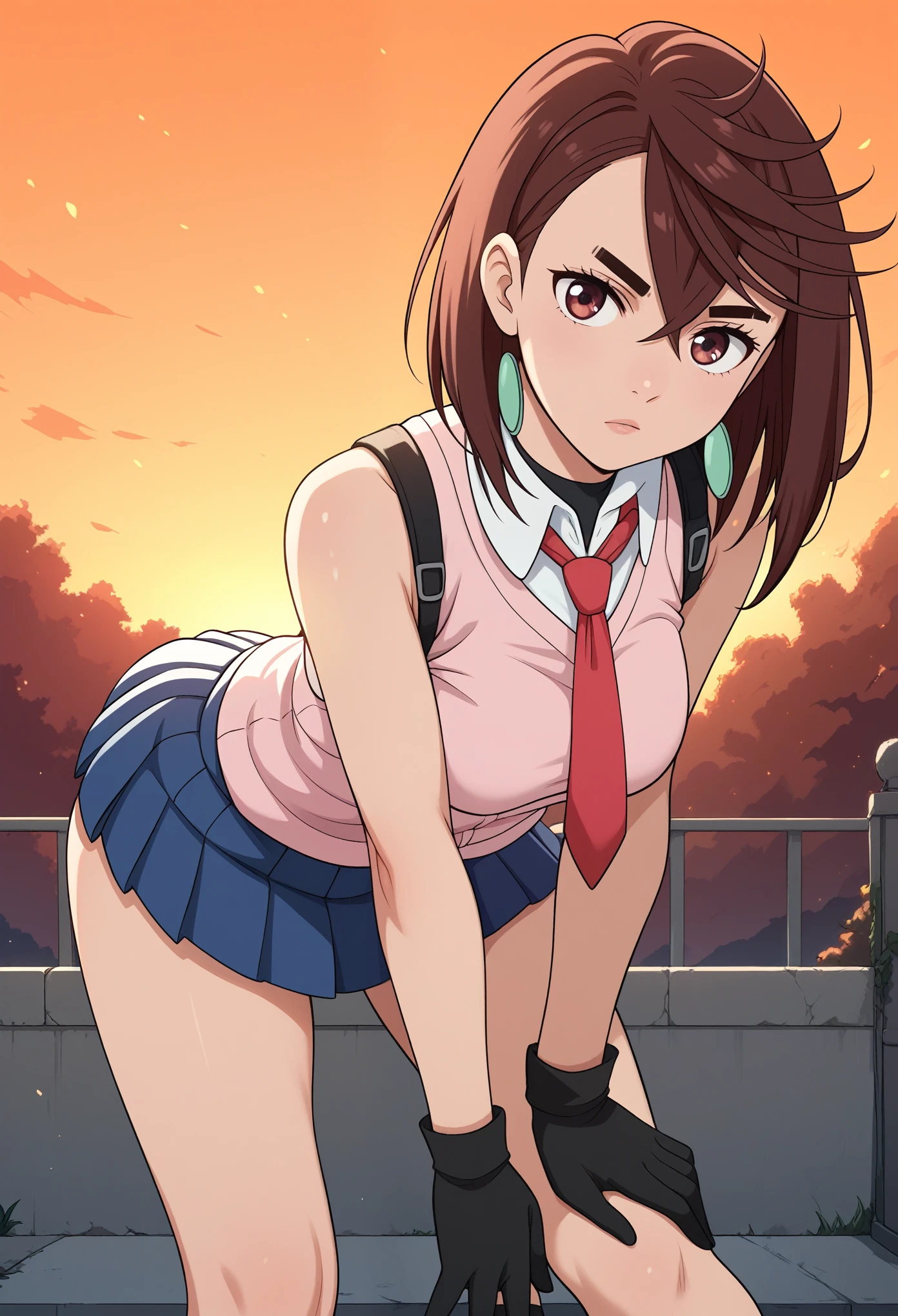 momo ayase, short hair, brown hair, brown eyes, bangs, thick eyebrows, medium breasts, detailed background, cinematic lighting, 1girl, looking at viewer, original outfit, necktie, black gloves, breasts, skirt, shirt, sleeveless, hand on hip, leaning forward, :i, outdoors, hand on own knee,