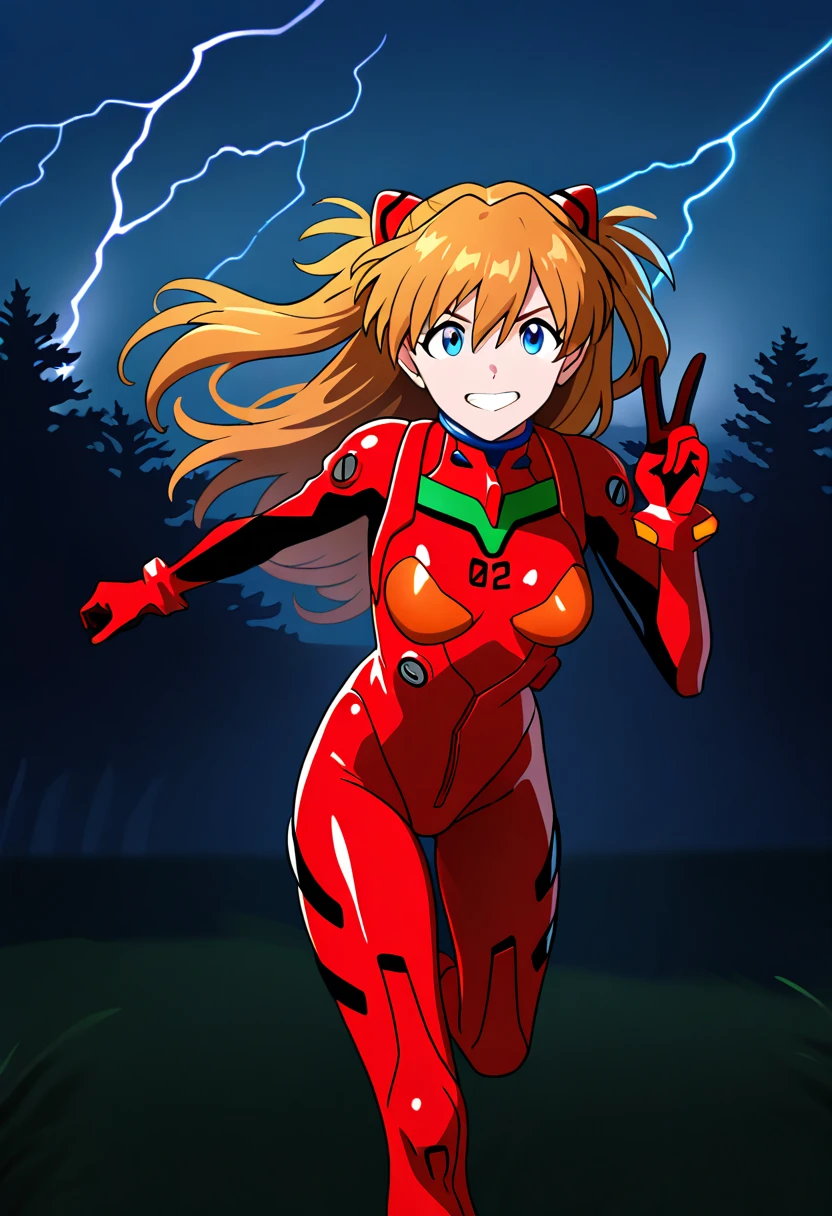 1girl, solo, souryuu asuka langley,

long hair, blonde hair, blue eyes, hairpods, bodysuit, grin, v,

field, night, lightning, wind, forest, running,

best quality, amazing quality, very aesthetic,