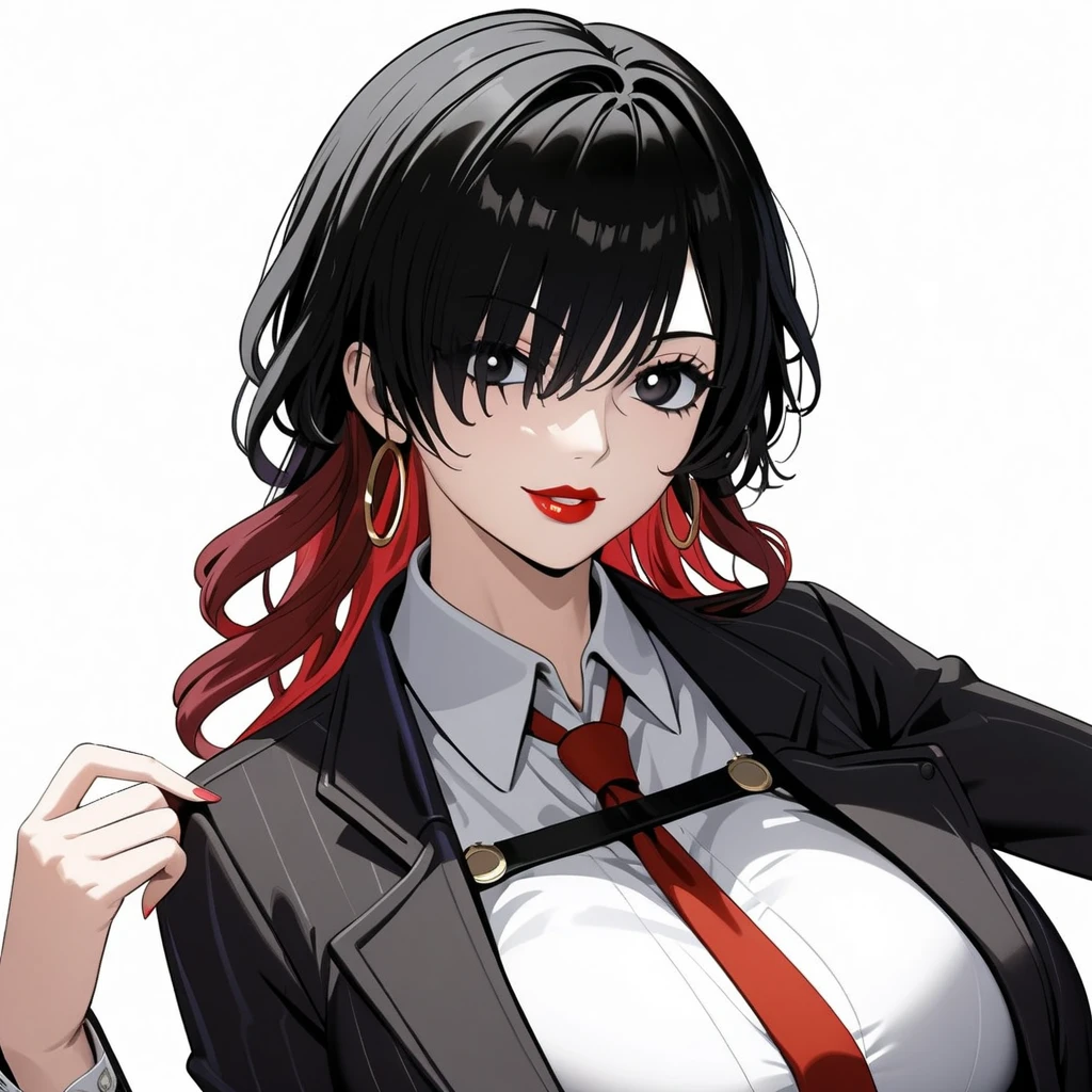 ((masterpiece)), ((high quality)),((ultra-detailed)), ((extremely detailed)),4K,8K, (character portrait), (((one piece))), (((pants suit))), office lady, black slim fit pants, (black skin tight office suits), pinstripe pants suit, white collared shirt, red necktie, 2, a beautiful woman, very tall woman with great style, female mafia-boss, perfect big breasts, perfect big breasts, plump ass, slender body, (((1girl))), (((solo))), long curly hair, black hair, black pupils, hair over one eye, perfect hands, perfect face, perfect eyes, perfect body, perfect legs, red lips, smile, red shiny pumps, (white plain background), hair over one eye, black hair, necktie, onepiecestyle,black eyes, black hair, hoop earrings, long hair, parted lips, hand on chin