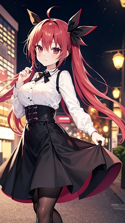  anime girl, ,   red hair ,  big breasts ,  gothic dress ,  elegant black dress, black skirt, tights, heels, city, Night, streetlights, lights, Tokyo