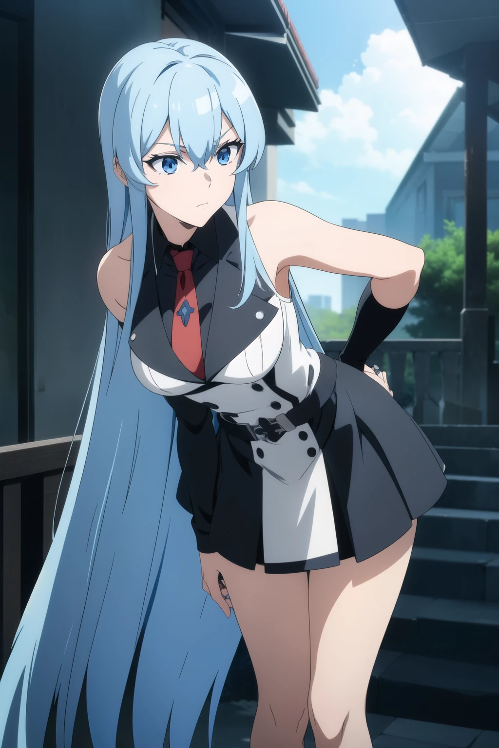 esdeath, 1girl, blue eyes, light blue hair, long hair, eyelashes, outfit black, red face, detailed background, cinematic lighting, 1girl, looking at viewer, original outfit, necktie, black gloves, breasts, skirt, shirt, sleeveless, hand on hip, leaning forward, :i, outdoors, hand on own knee,
