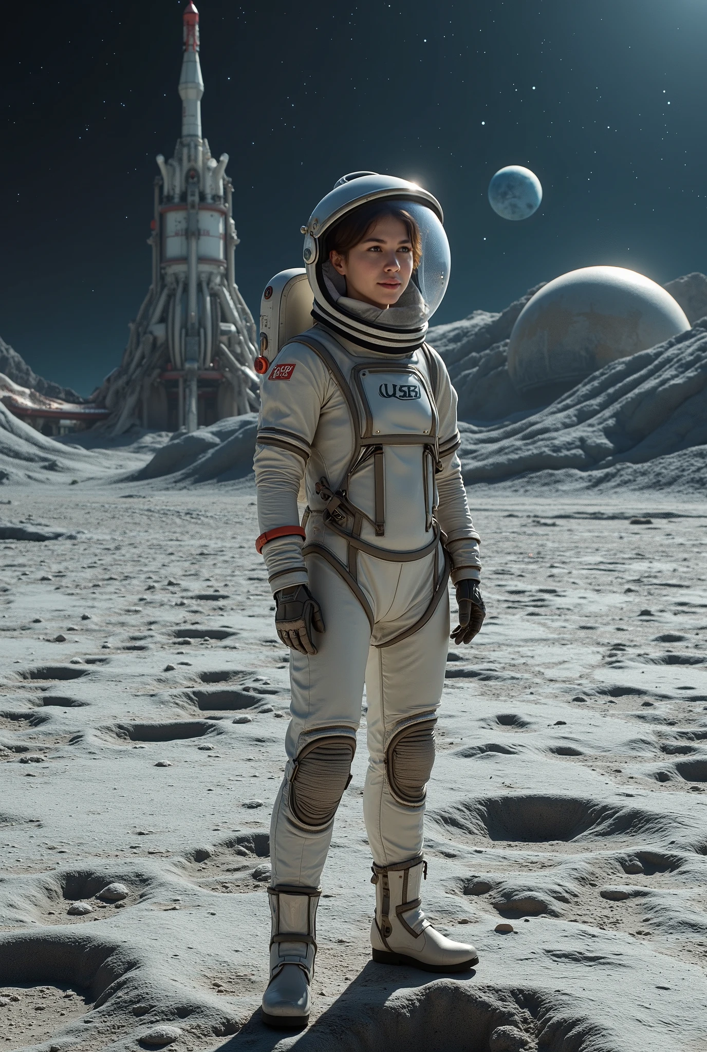  of incredible beauty and epic. ,  in the foreground is a girl in a high-tech (sci-fi) in a white space suit with the inscription  "ussr"on the left chest , through a helmet, we see its stunning beauty, a young smiling face and short straw hair ), , it stands and looks forward towards the endless lunar surface, dug by craters and individual stones, where a huge futoristic structure stands in front  ( USSR lunar base , a large dome made of dark glass , frame woven into structures of unusual shape ,sluice, equipment hangar ,  and in From the distance, you can see a futuristic space ship taking off from the cosmodrome towards earth ,  above her head endless space with constellations , nebulae and distant stars , , you can see planet Earth ,  photorealistic shot of high detail .