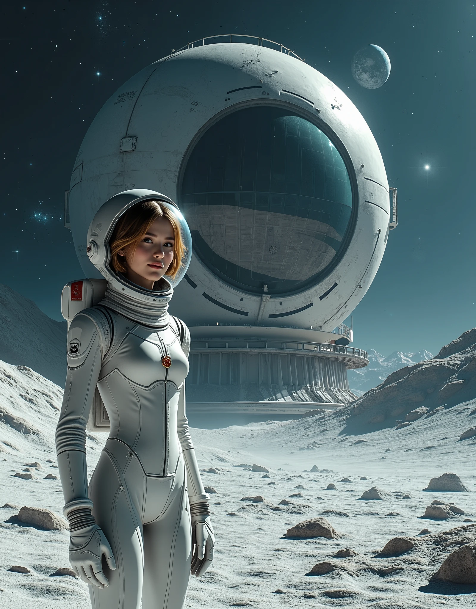  of incredible beauty and epic. ,  in the foreground is a girl in a high-tech (sci-fi) in a white space suit with the inscription  "ussr"on the left chest , through a helmet, we see its stunning beauty, a young smiling face and short straw hair ), , it stands and looks forward towards the endless lunar surface, dug by craters and individual stones, where a huge futoristic structure stands in front  ( USSR lunar base , a large dome made of dark glass , frame woven into structures of unusual shape ,sluice, equipment hangar ,  and in From the distance, you can see a futuristic space ship taking off from the cosmodrome towards earth ,  above her head endless space with constellations , nebulae and distant stars , , you can see planet Earth ,  photorealistic shot of high detail .