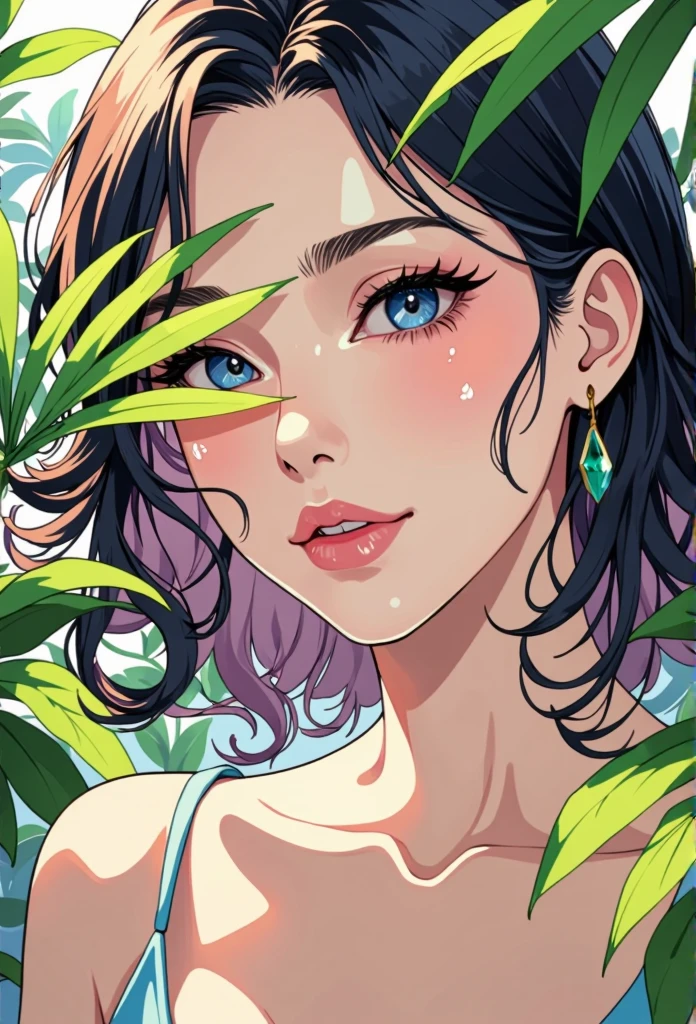 A highly detailed anime-style portrait of a woman with glowing, sun-kissed skin and deep, expressive eyes. Her face is partially hidden behind vibrant green tropical palm leaves. Natural lighting creates a soft, warm ambiance, highlighting her dark wavy hair that frames her face. She has natural makeup emphasizing her full lips and sharp features. The background is lush and tropical, blending seamlessly with the leaves, giving an intimate and serene vibe.