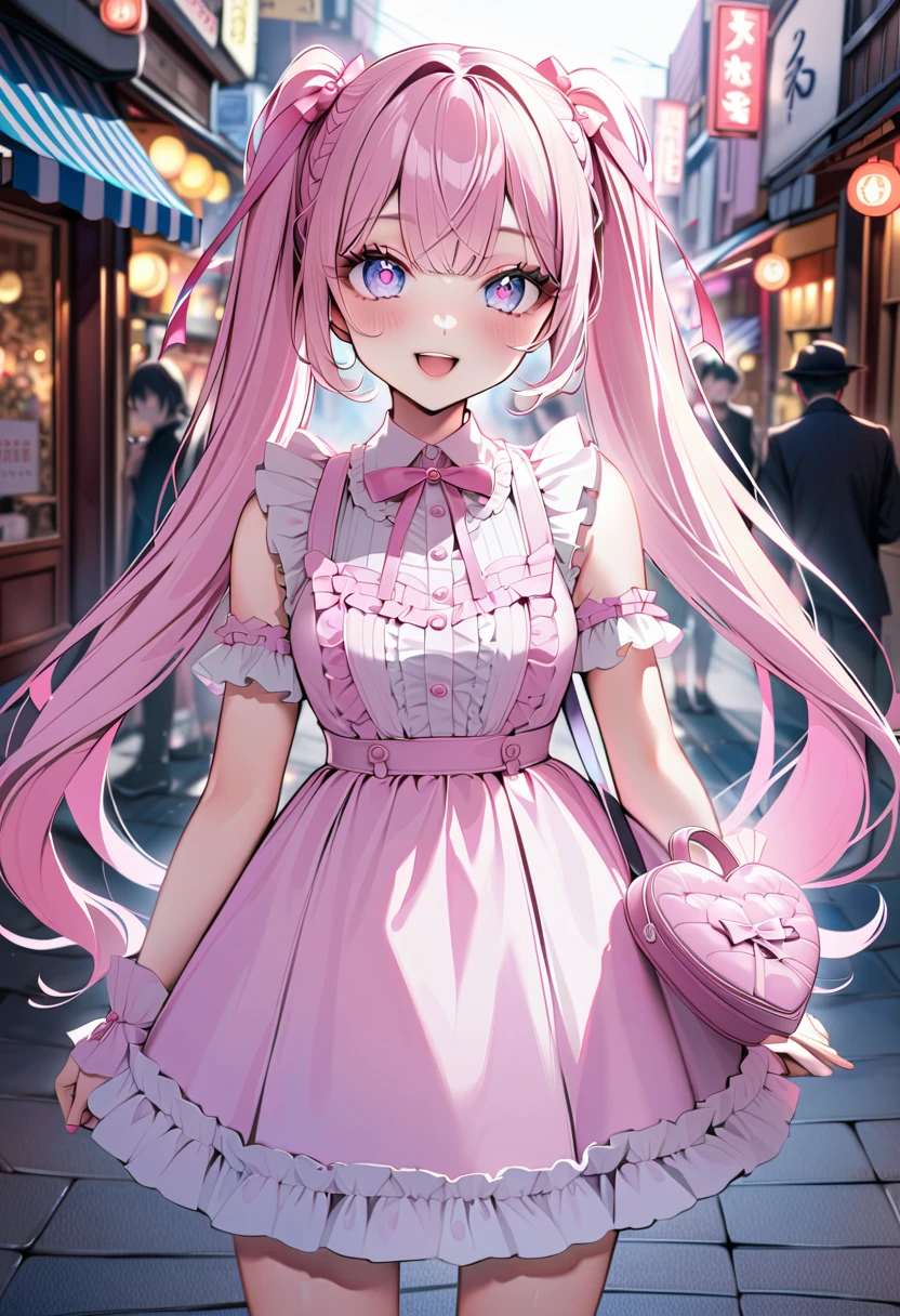 (8K, best quality, master piece: 1.2),super high resolution,1 girl,solo,****,ultra-detailed face,detailed eyes,blonde hair,long twin tails,pink gradient hair,heart-shaped pupils,holding a bag,open smile,mascara,cowboy shot,frill,lots of ribbons,pastel pink ****ta fashion,arrow through heart,rim light,standing in Takeshita Street, Harajuku