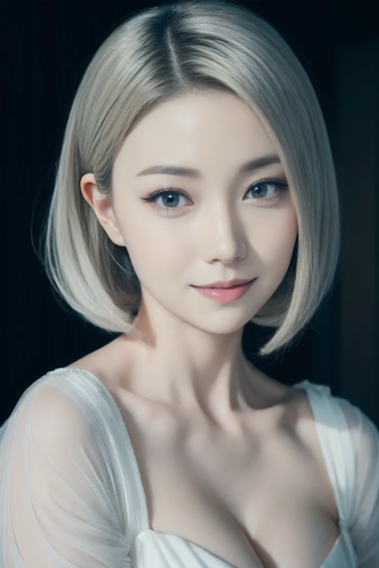 A beautiful silver-haired adult woman with a soft face and bob haircut, perfect big brown eyes, detailed face, long eyelashes, wearing modest clothes, elegant silk flower background, cinematic photorealistic lighting, dramatic night scene, (best quality,4k,8k,highres,masterpiece:1.2),ultra-detailed,(realistic,photorealistic,photo-realistic:1.37),cinematic,dramatic,moody,warm light