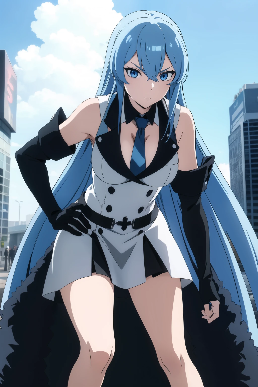 esdeath, 1girl, blue eyes, light blue hair, long hair, eyelashes, outfit black, red face, detailed background, cinematic lighting, 1girl, looking at viewer, original outfit, necktie, black gloves, breasts, skirt, shirt, sleeveless, hand on hip, leaning forward, :i, outdoors, hand on own knee,
