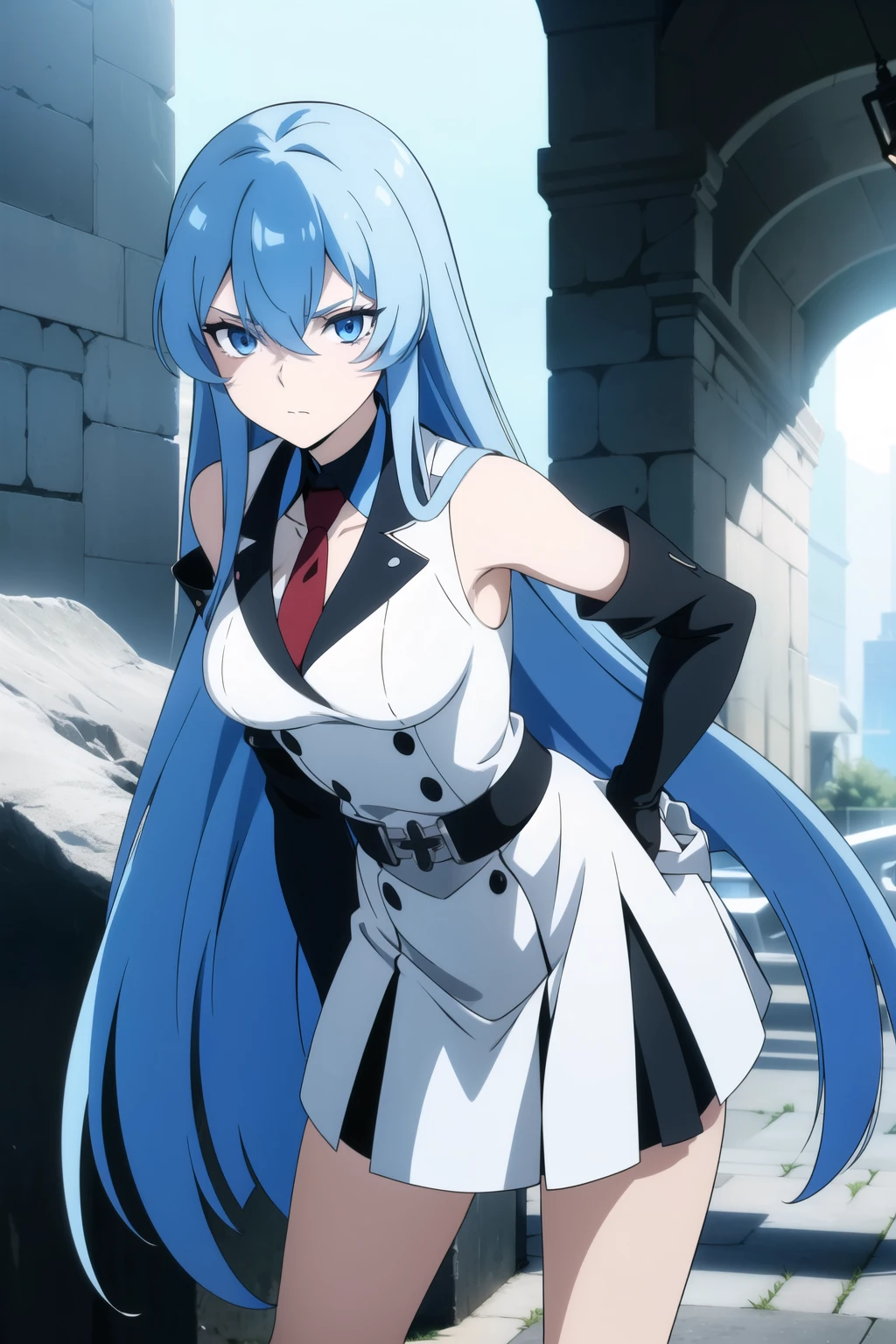 esdeath, 1girl, blue eyes, light blue hair, long hair, eyelashes, outfit black, red face, detailed background, cinematic lighting, 1girl, looking at viewer, original outfit, necktie, black gloves, breasts, skirt, shirt, sleeveless, hand on hip, leaning forward, :i, outdoors, hand on own knee,
