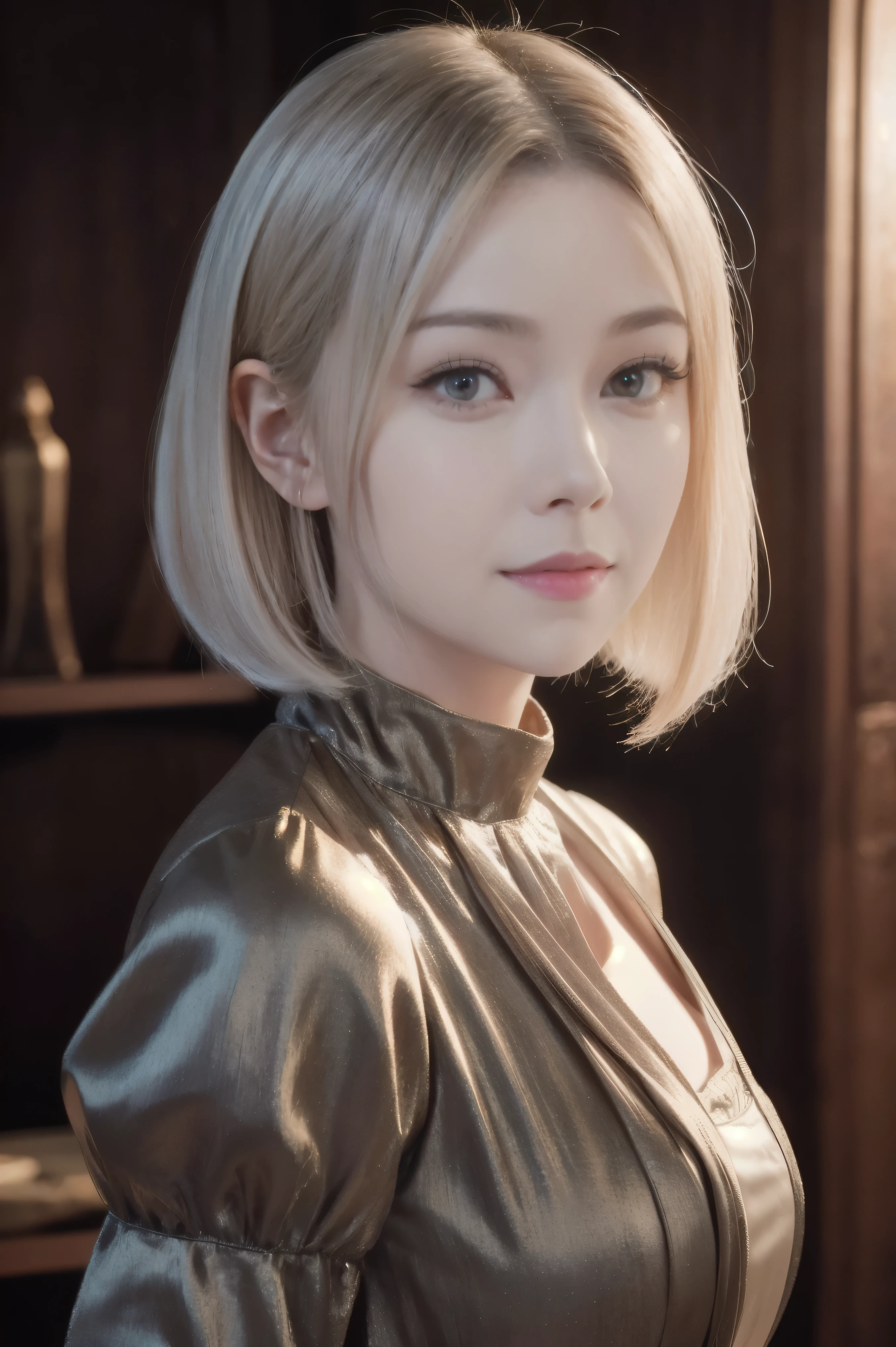 A beautiful silver-haired adult medieval woman with a soft face and bob haircut, perfect big brown eyes, detailed face, long eyelashes, wearing modest clothes, elegant silk flower background, cinematic photorealistic lighting, dramatic night scene, (best quality,4k,8k,highres,masterpiece:1.2),ultra-detailed,(realistic,photorealistic,photo-realistic:1.37),cinematic,dramatic,moody,warm light