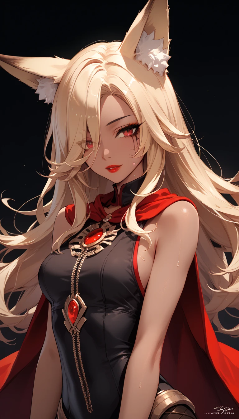 garoo girl  ,   dark skin  ,   hair covers the eye, 1 girl,   long golden hair, 4K,   red eyes , , fox ears,  Duration  , hair template  ,   Compose , black mascara, sleeveless,  , thief costume  ,  sweat, height 180 centimeters,  Beautiful, anime,   red lipstick  