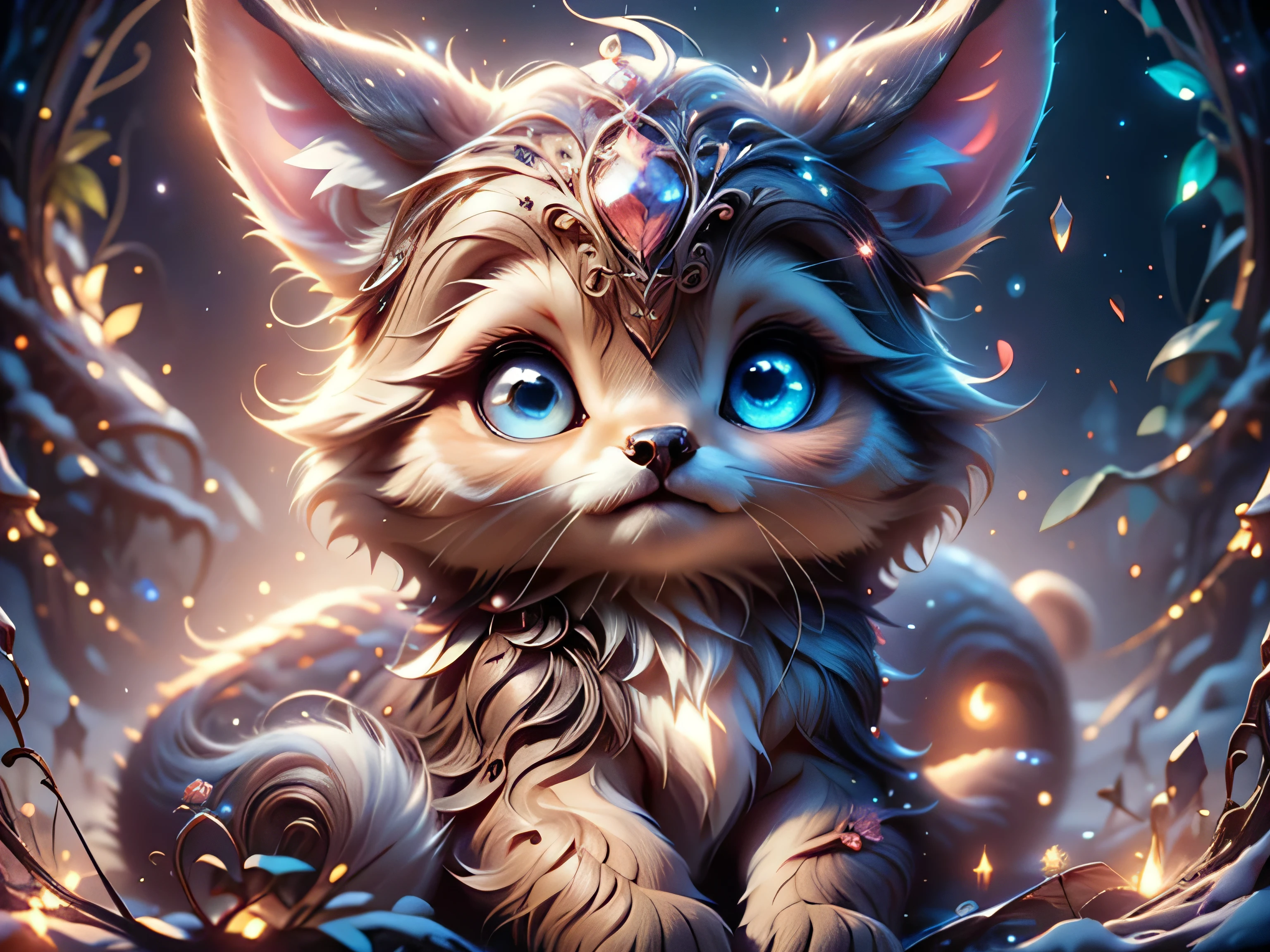 Magical Fantasy Creature, (Best Quality, Masterpiece, Representative Work, Official Art, Professional, Super Detailed, 8k:1.3), (Photorealism:1.2) Super Cute, Big Eyes, Soft, Soft Nose, Fluffy, Double-Toothed Smile, Adorable Fawn on Natural Christmas Background, Realistic, Beautiful, Stars in Eyes, Soft Volumetric Light, (Backlight:1.3), (Cinematic:1.2), Intricate Details, (ArtStation:1.3), --auto --s2