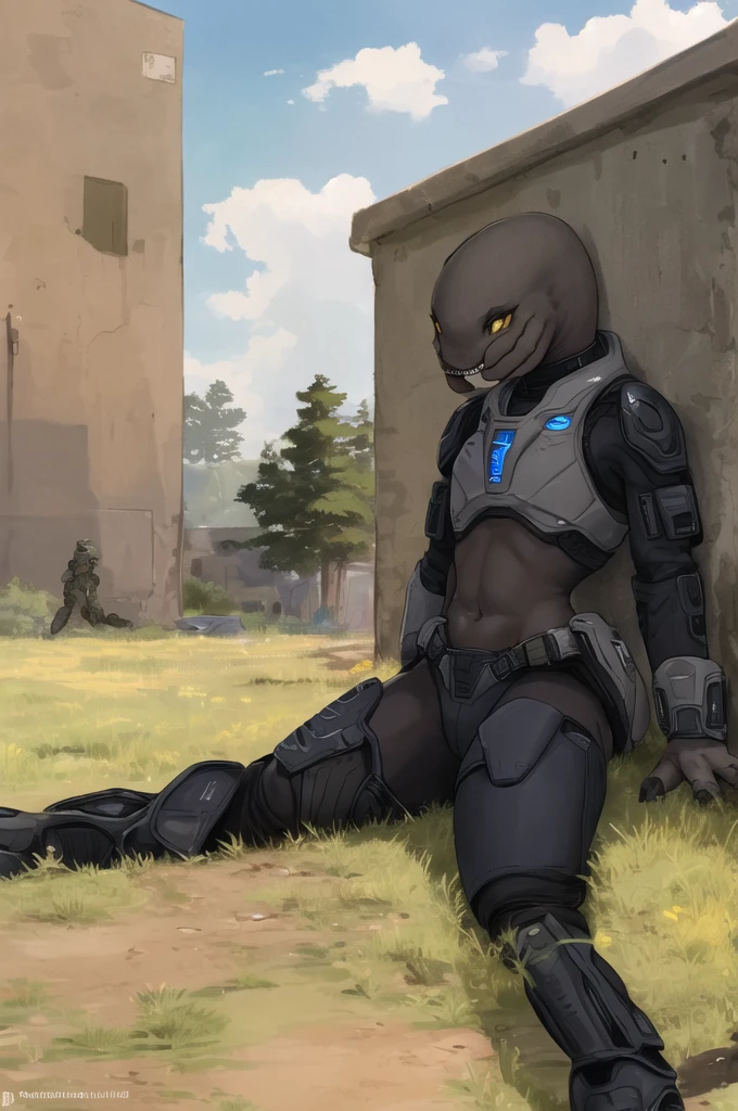 sangheili, anthro, female, solo, halo \(series\), armor, alien, petite, slim, yellow eyes, looking at viewer, outside, battlefield, war, upper body, black bodysuit, sitting, on ground, spread legs, presenting, happy, smile, exposed midriff, toned, small convenant tattoo on left hip.