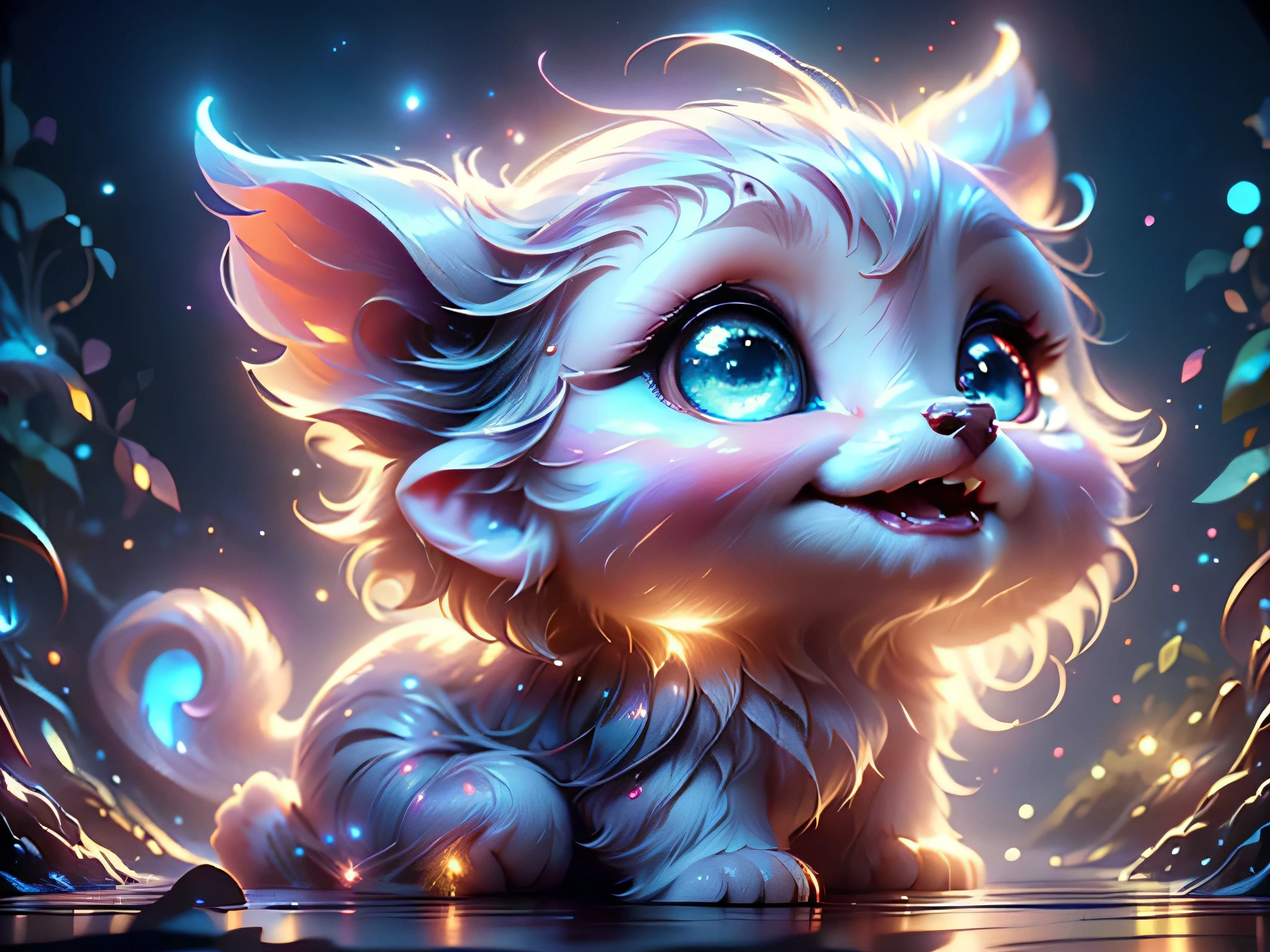 Magical Fantasy Creature, (Best Quality, Masterpiece, Representative Work, Official Art, Professional, Super Detailed, 8k:1.3), (Photorealism:1.2) Super Cute, Big Eyes, Soft, Soft Nose, Fluffy, Two-Toothed Smile, A baby white unearthly creature has big blue eyes with silver sparkle, northern pink-lilac lights light up the night sky, magical moment, hyper-realistic digital artwork, highly detailed, Realistic, Beautiful, Soft Volumetric Light, (Backlight:1.3), (Cinematic:1.2), Intricate Details, (ArtStation:1.3), --auto --s2