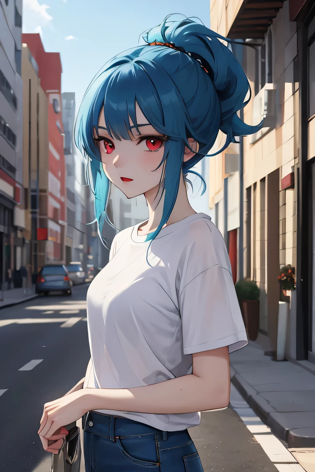 An anime-style picture of a woman with blue hair and red eyes wearing a t-shirt and jeans while she is on a street 