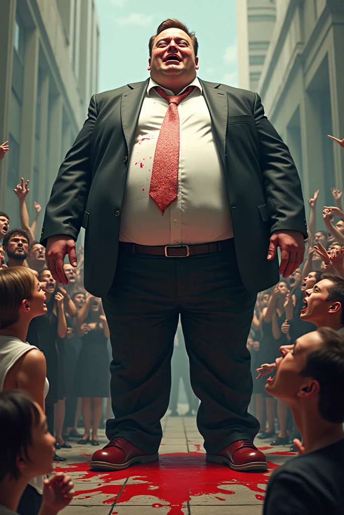 I want to create an image of a fat strongman lying on the ground with a crowd of people in high-heeled boots standing on top of him.