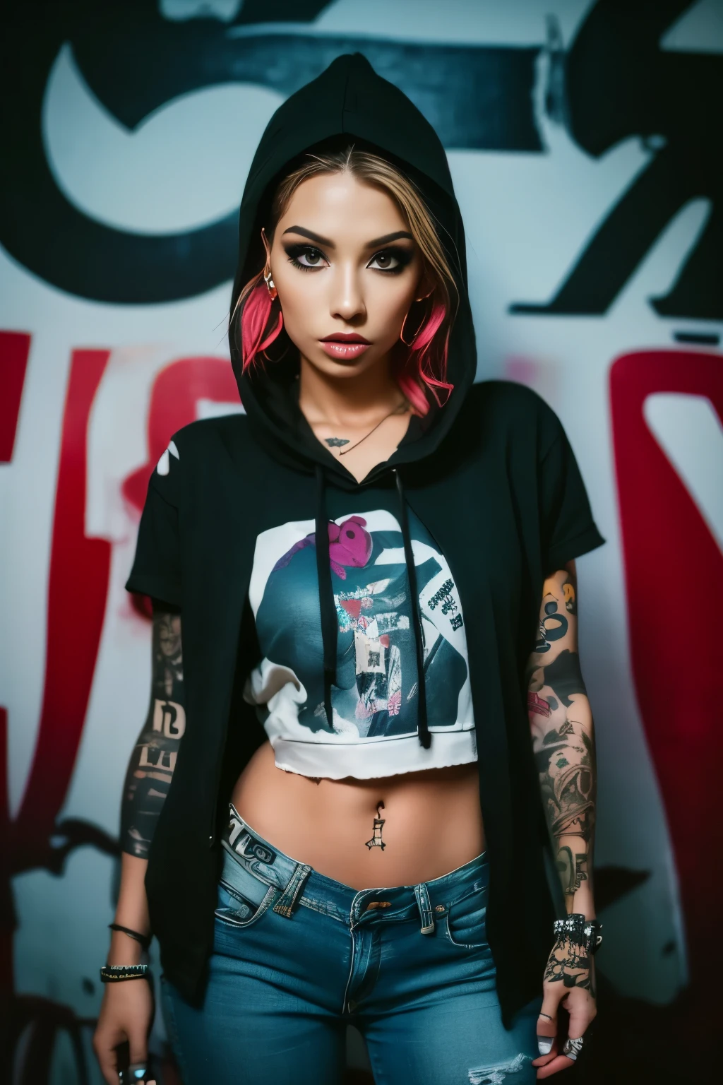 Down viewer. The most beautiful and sexy urban girl, wearing hoodie, graphic t-shirt, torn skinny jeans and highly detailed, tons of tattoos and piercings, highly detailed background, perfect masterpiece, high quality, high resolution. Urban graffiti Background.