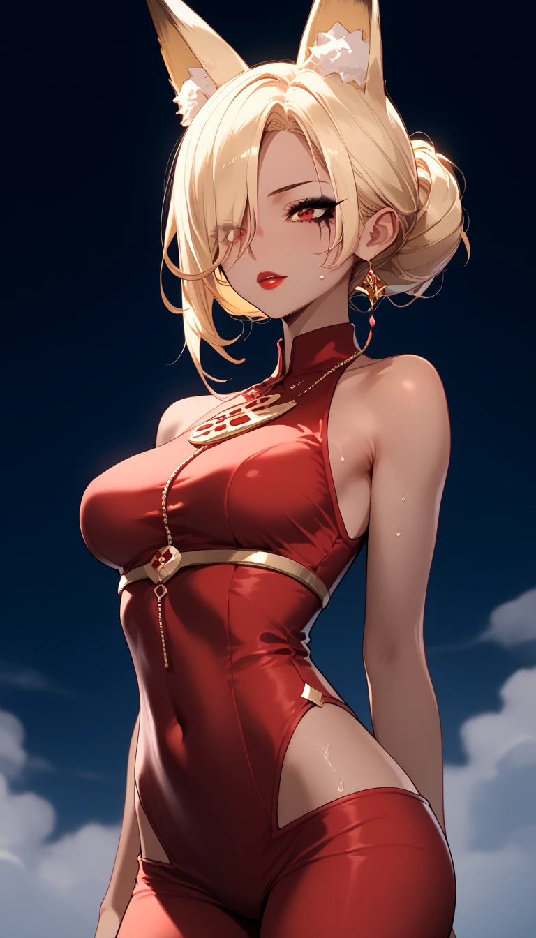 garoo girl  ,   dark skin  ,   hair covers the eye, 1 girl,   long golden hair, 4K,   red eyes , , fox ears,  Duration  , hair template  ,   Compose , black mascara, sleeveless,  , thief costume  ,  sweat, height 180 centimeters,  Beautiful, anime,   red lipstick  