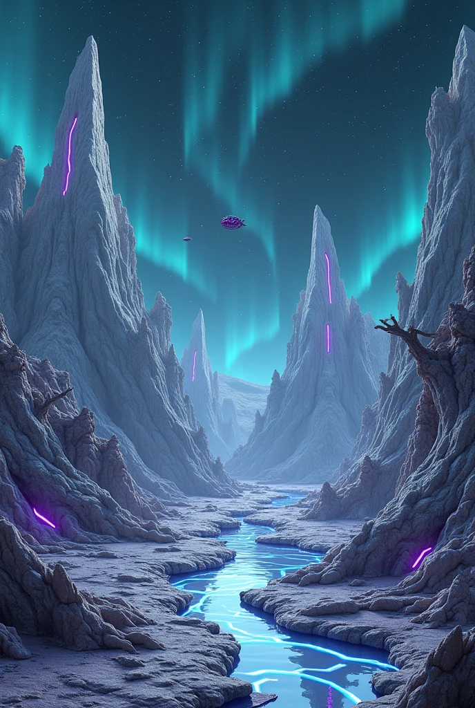 An alien landscape of jagged glossy Grey ridges covered in glossy, Grey-white marble material, interspersed with plains of dense, biomechanical tendrils glowing faintly with rhythmic blue pulses. Massive hollow spires resembling fractured obelisks rise unpredictably, their interiors illuminated by glowing blue cable-like formations. The terrain is etched with alien glyphs that faintly pulse as if alive. Biomechanical 'tangle trees' with shifting branches and metallic shard-like leaves hum softly, reflecting the ambient glow. Hovering orbs of light flicker on and off, appearing to communicate with the environment. Towering Grey marble monoliths scattered across the land emit faint mechanical sounds, their glowing azure grooves forming intricate patterns. Suspended between spires, glowing purple tendrils form web-like bridges, resembling a living network. A pitch-black sky filled with piercing stars is illuminated by swirling Azure auroras, casting shifting patterns on the terrain. Photography, ultra-detailed, cinematic lighting, realism, realistic, photorealistic textures, high dynamic range, hyper-realistic, hyperrealistic rendering, 4k hdr