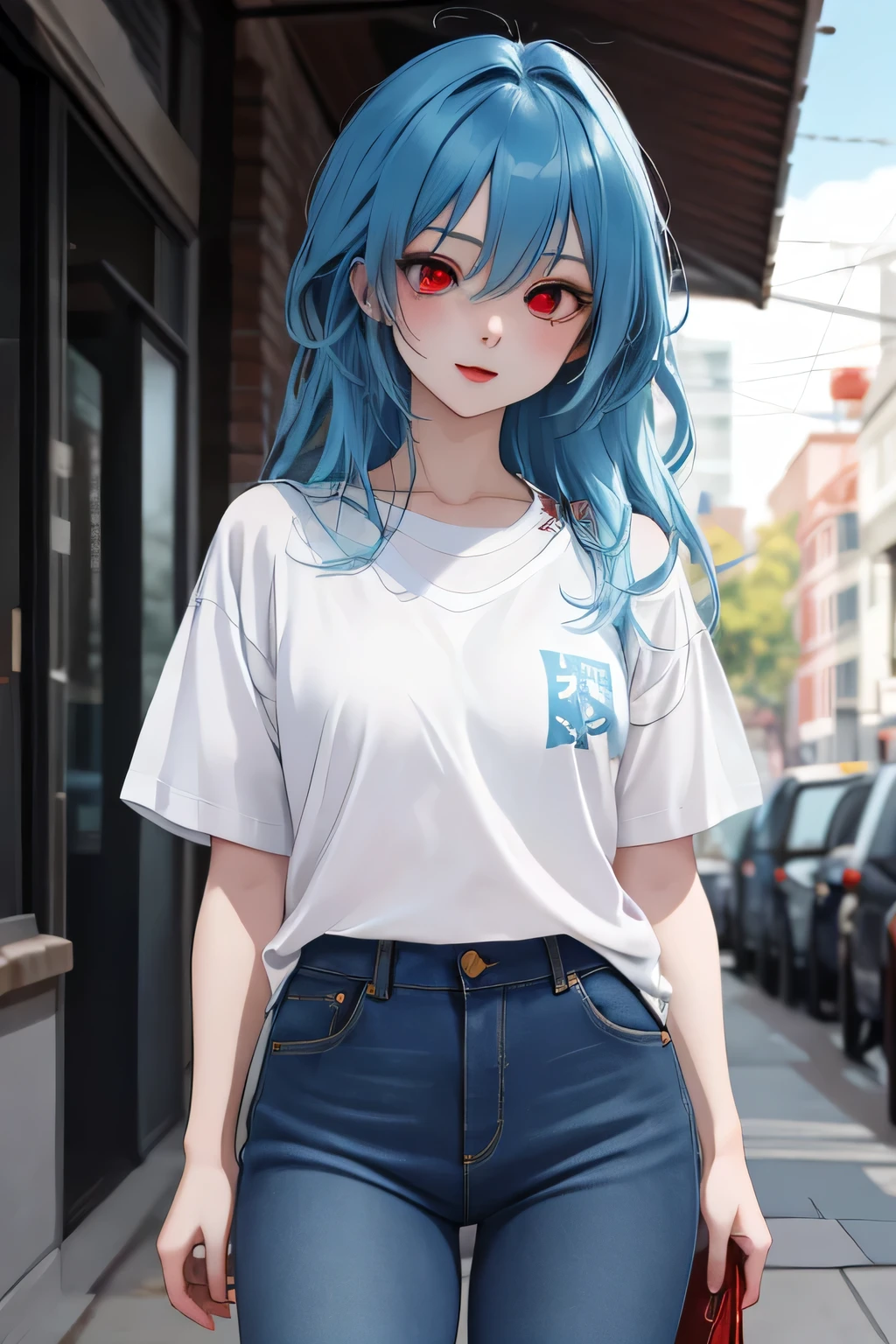 An anime-style picture of a woman with blue hair and red eyes wearing a t-shirt and jeans while she is on a street 