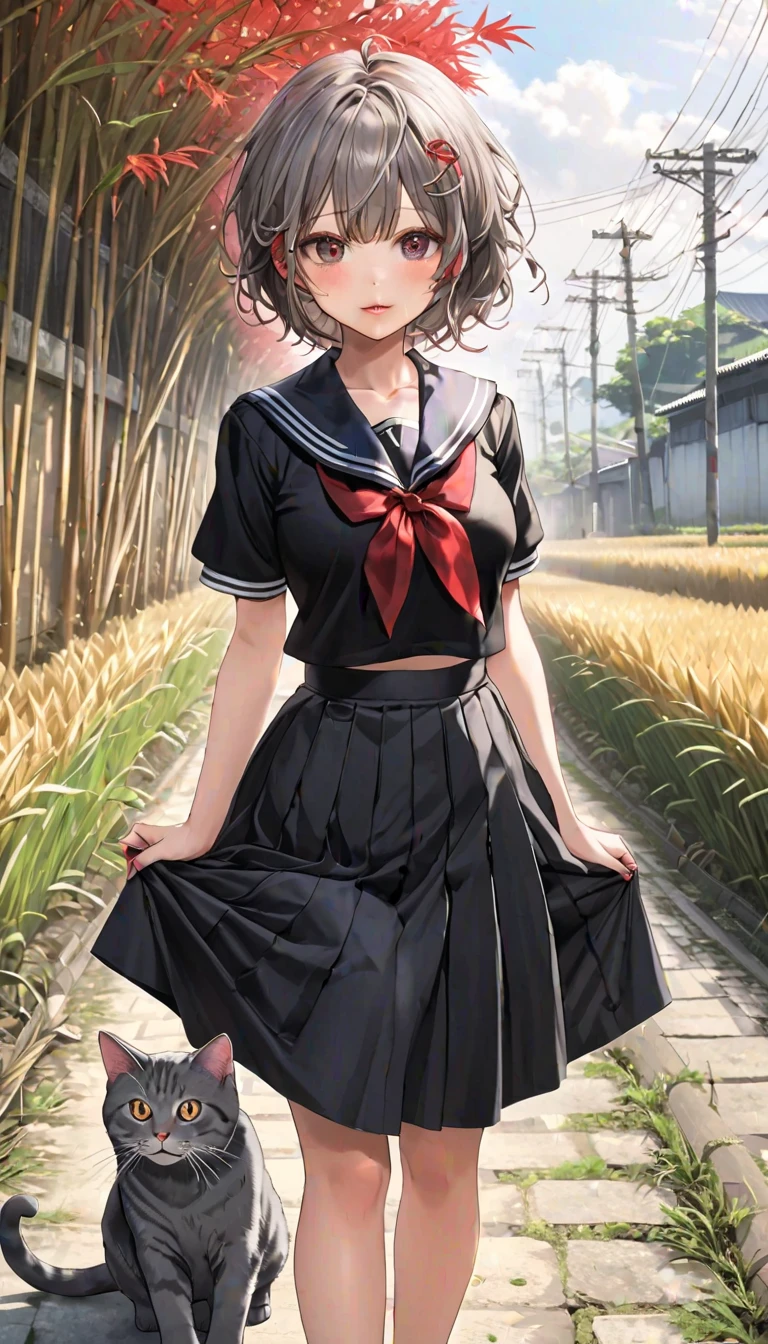 (masterpiece, ultra-detailed, best quality, clear focus, dramatic scene, cinematic), shadow, (ultra-high resolution, 8k), perfect anatomy, perfect face, (detailed face, detailed eye), cute Japanese girl, famous Japanese idol, very beautiful and cute and cool face, dynamic pose, dynamic angle, (wearing a black sailor uniform with very long black skirt:1.3), (extremely long skirt:1.3), punk rock styled mature bad girl, short curly-haired, red lips, bad girl, (very large breasts), slim waist, standing at the footpath between rice fields, beautiful autumn leaves, (with mewing gray striped giant cat:1.3), (detailed gray striped cat:1.4)