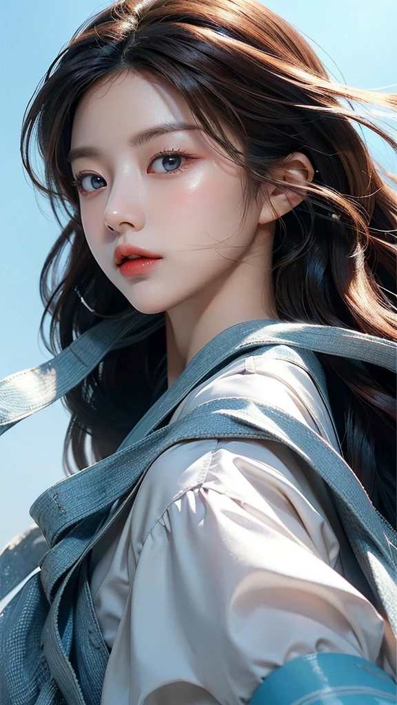 (masterpiece), ( top notch ), ( High Quality Details ), (illustration), (1 woman),  is watching the audience, (Interview),  Beautiful, detailed eyes , Hair length is random , Floating , (High saturation), (shining),  blue sky, Bright and beautiful face,  Her skin is young, radiant, , 공정하고 shining, Best appearance , Very beautiful,  Big eyes shine with clear sky blue light,  beautiful and amazing beautiful girl ,