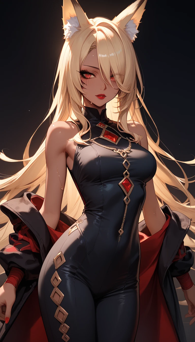 garoo girl  ,   dark skin  ,   hair covers the eye, 1 girl,   long golden hair, 4K,   red eyes , , fox ears,  Duration  , hair template  ,   Compose , black mascara, sleeveless,  , thief costume  ,  sweat, height 180 centimeters,  Beautiful, anime,   red lipstick  