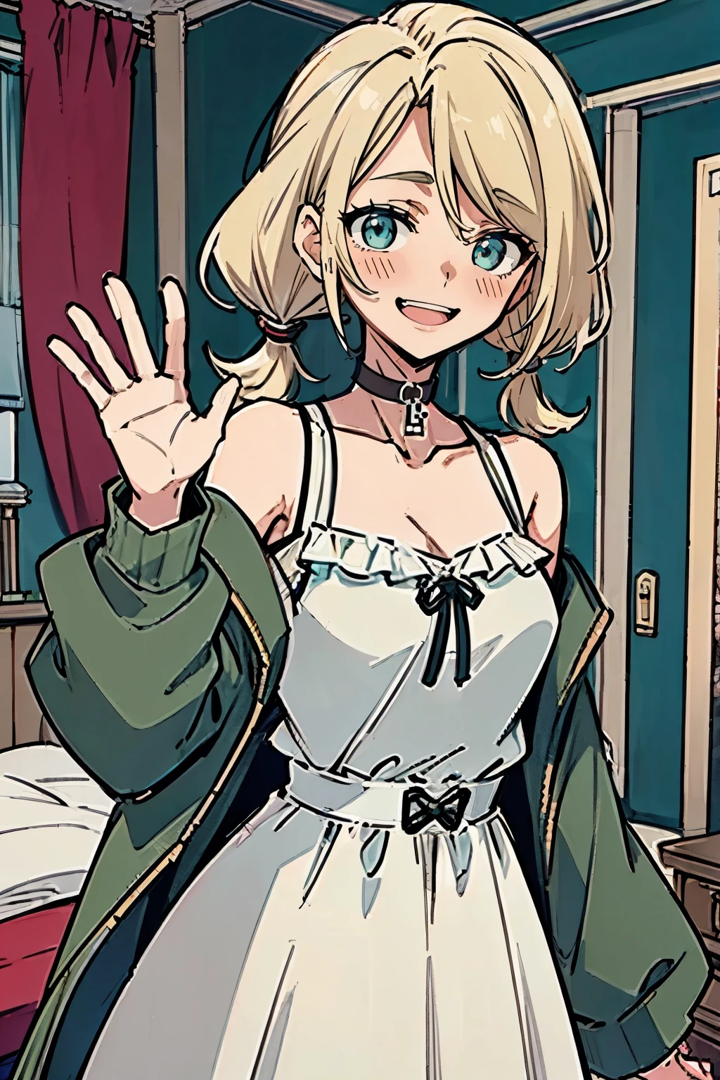 (masterpiece:1.2), (high quality:1.2), rekkyo sensen, rekkyou sensen, girls with(((1girl, solo, aiden d adams, blonde hair, teal eyes, smiling, blush, short hair, low twintails:1.3), maid, off-shoulder sleeves, bare shoulder, breasts, choker, cleavage, coat, cowboy shot, (white frilled dress:1.2), camisole, stright dress, (((stright dress)))wear, white apron, collar, collarbone, rosary, rosary choker, cross, fur, khaki hoodie, green hoodie, hood down, hooded coat, hooded jacket, hoodie, jacket, large breasts, long sleeves, medium breasts, open clothes, open coat,open hoodie, sleeveless, winter clothes, zipper, cleavage, upper body, hand up, waving, palm)), background with((bedroom, room:2.0))