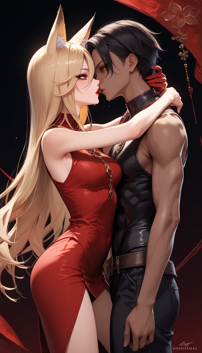 garoo girl  ,   dark skin  ,   hair covers the eye, 1 girl,   long golden hair, 4K,   red eyes , , fox ears,  Duration  , hair template  ,   Compose , black mascara, sleeveless,  , thief costume  ,  sweat, height 180 centimeters,  Beautiful, anime,   red lipstick , sex, kiss