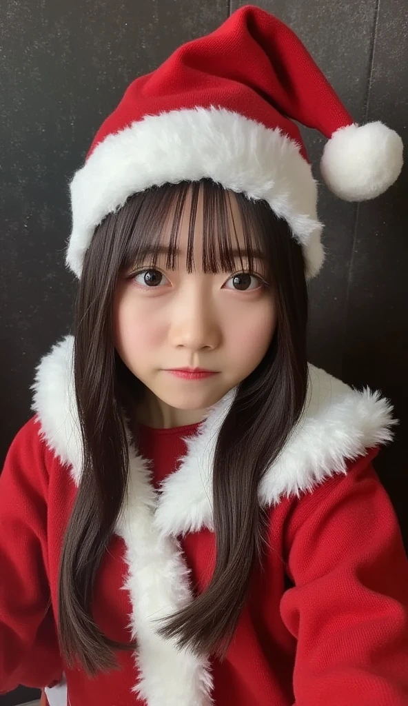  1 girl, Alone, 4K HDR, Realistic,   super detailed ,  natural light,  long hair wearing a Santa Claus costume,  on a Christmas theme background、snow falling in the dark , Scattered clouds , ((photoRealistic:1.4)),  asymmetrical wavy long hair, (Oily skin details,  medium breasts:0.8), ( detailed face ), ( detailed background :1.1), upper body,  wearing a Santa Claus hat ,