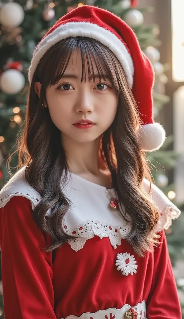  1 girl, Alone, 4K HDR, Realistic,   super detailed ,  natural light,  long hair wearing a Santa Claus costume,  on a Christmas theme background、snow falling in the dark , Scattered clouds , ((photoRealistic:1.4)),  asymmetrical wavy long hair, (Oily skin details,  medium breasts:0.8), ( detailed face ), ( detailed background :1.1), upper body,  wearing a Santa Claus hat ,