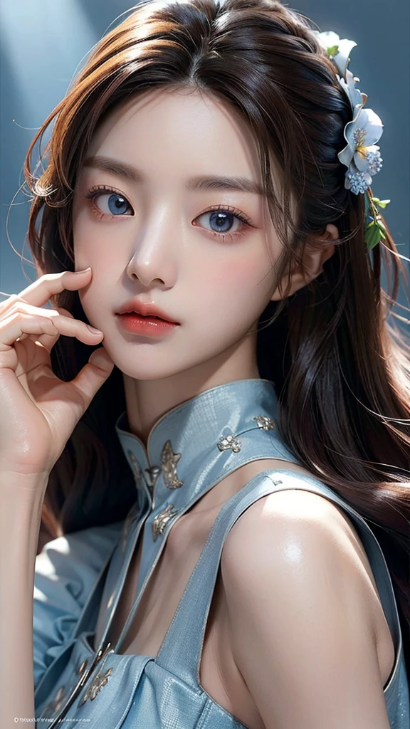 (masterpiece), ( top notch ), ( High Quality Details ), (illustration), (1 woman),  is watching the audience, (Interview),  Beautiful, detailed eyes , Hair length is random , Floating , (High saturation), (shining),  blue sky, Bright and beautiful face,  Her skin is young, radiant, , 공정하고 shining, Best appearance , Very beautiful,  Big eyes shine with clear sky blue light,  beautiful and amazing beautiful girl ,