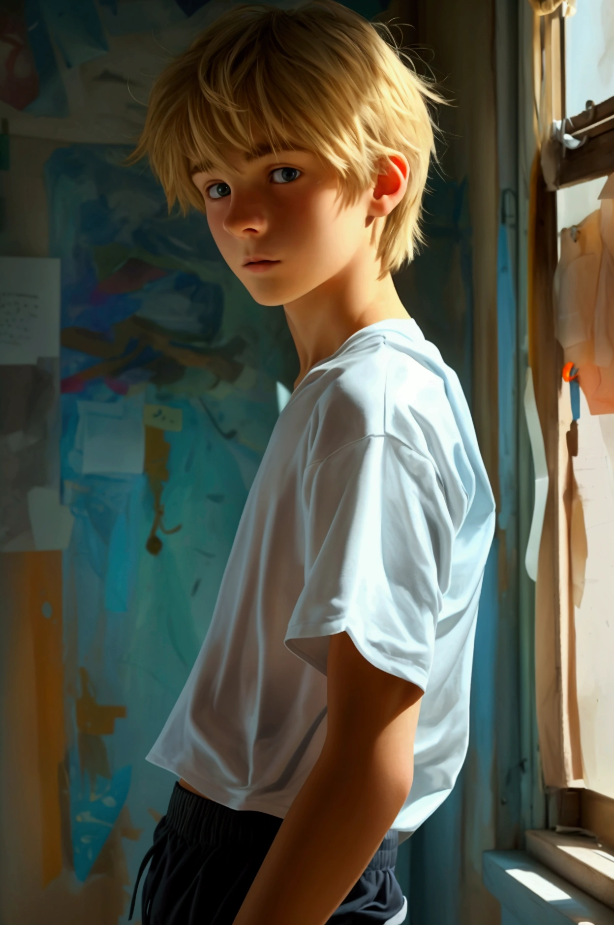 A photo of a young  male cute boyish imature shirtless 18yo teenager, Innocent face, innocent expression super skinny, blond, handsome, dumb face, in a closet,  full school yard wearing a super tight shorts hyperrealism photo. Full-body male focus. Focus on male cuteness.  Perfect anatomical proportions. 