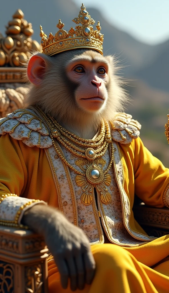 A majestic monkey king sitting on an opulent emperor's throne. The monkey is adorned with royal garments and a golden crown, exuding an aura of nobility and power. The throne is intricately designed with precious stones and gold, reflecting the grandeur of an ancient empire. Surrounding the throne are lush, exotic plants and rich tapestries, enhancing the regality of the scene. The background features a grand palace hall with high ceilings and ornate decorations. The lighting is dramatic, casting a royal glow on the monkey king and his throne."