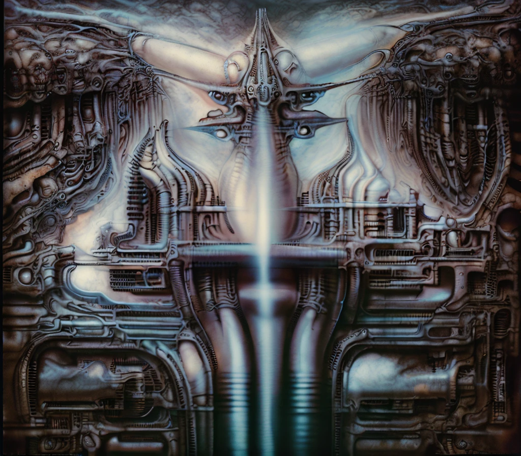 The image is a detailed view of H.R. Giger's biomechanical tableau \" Landscape XVI \" plate, xGiger, faturing.
(airbrush painting, Giger's alien in front of broken alien ship in landscape, natural light, sharp focus, illustration, highly detailed, digital painting, concept art, matte, art by gric and kozhanov and moebius and Alphonse Mucha, , HDR ,UHD , uplight, in HRGigerArhP style):1.
surrealistic painting of a monster with multiple tentacles and a body that looks like a brain, surrounded by a chaotic scene of swirling clouds and other monsters
 It's a complex network of bones and organs in eldritch color scheme:a greenish-brown hue ,swirling gery and brown colors. The artwork is silverish and green brown, with an ivory bones prominently displayed. The image is highly detailed and intricate, almost like a 3d version of a medical sketchwork.   
The piece is a tableau, most likely created with a India ink pen or pencil on paper, determined by the thin lines, shading techniques, and the texture of the paper, which is visible around the edges.
Used is pen, given the shading and variations in line weight visible in the image. Artist have used a variety of stylus with different degrees of hardness to achieve the shading effects.
 The use of undersaturated green-grays dark contrasts creates a stark and graphic look. Is used a variety of linework techniques to create different textures. Fine, parallel lines create a smooth, metallic texture,while thicker, more cursive lines suggest cables or wires.
Light source from the top highlights skeletals, pper part of foreground, lower part of image is in shadowupper part of foreground, lower part of image is in shadow.
The art performance showcases the artist’s skills in observation and rendering. The level of detail in the piece suggests a close study of real bone specimens and mechanics. The artist has skillfully used shading techniques to create a convincing illusion of three-dimensionality on a flat surface. The wrinkles 