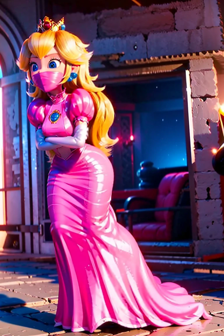  score_9, score_8_up, score_7_up, 1girl, solo,  (Peach, princess Peach from super mario lore, princess peach, pink long dress, crown), (front view), perfect proportions, simple background, standing, , bound arms, (arms behind back: 1.4), full body, otn gag, tight mask, wrap mask, black mask, (armbinder: 1.3), 
straitjacket, bound arms, neck_corset, over the nose gag