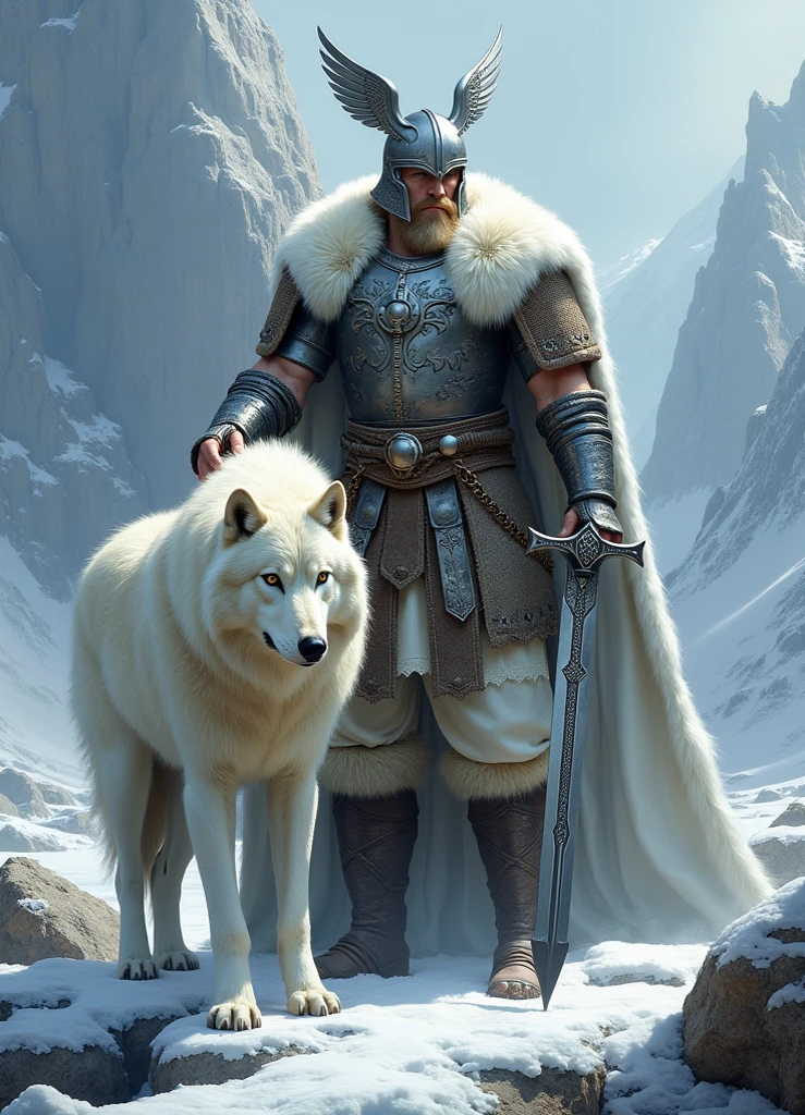 man, by white, with a katana in his hand, and a claymore on his back and a snow jaguar behind him