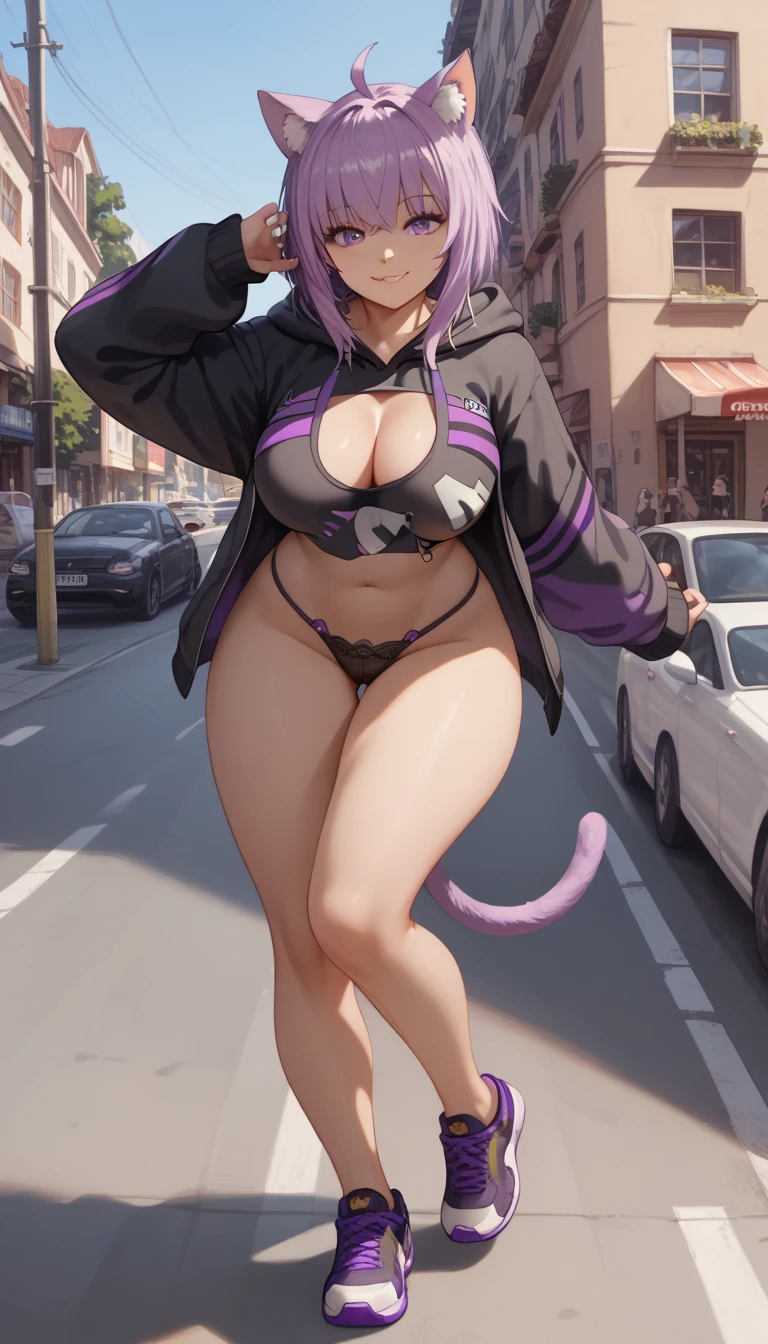 ultra-detailed, 1girl, okayu, ((masterpiece)), (best quality), (highres), 16K, ahoge, cat tail, purple hair, wearing black hoodie, onigiri print, midriff, sports shoes, black panties, busty body, large breasts and a beautiful ass, showcasing cleavage, legs, hips, looking at viewer, smile, detailed face, detailed hair, detailed full body, street background