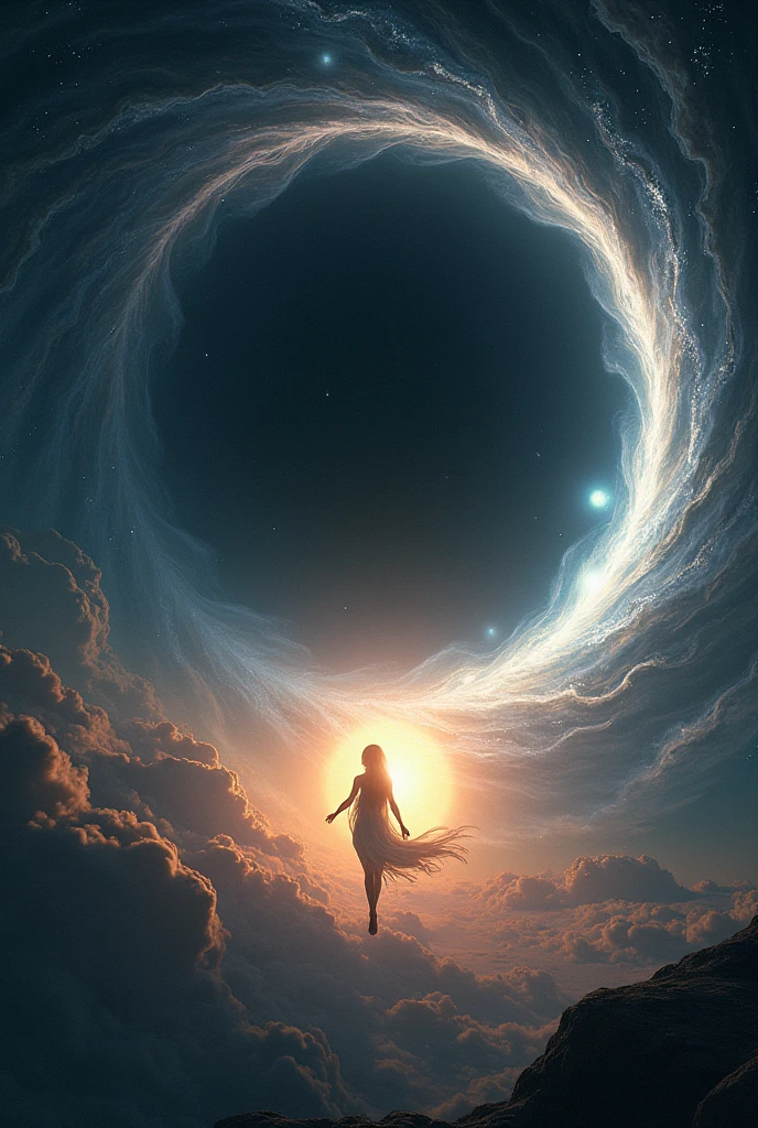 Woman entering a cosmic portal in a quantum leap  