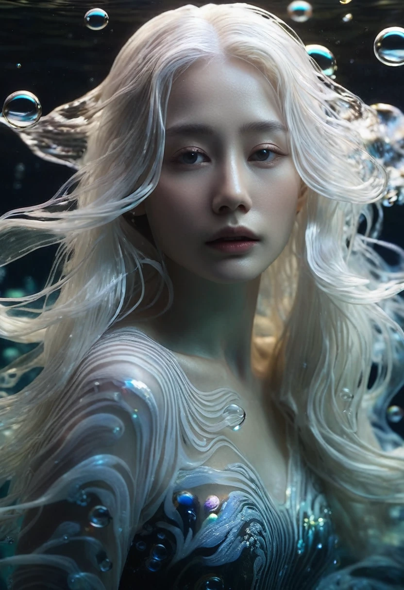 (style underwater background :1.0), A beautiful ethereal underwater creature, long flowing white hair, translucent skin, swirls of dark water, luminescent bubbles, surreal, dreamlike, serene, otherworldly, intricate details, high quality, 8k, photorealistic, masterpiece:1.1), (HD quality:1.1)(best quality:1.1),