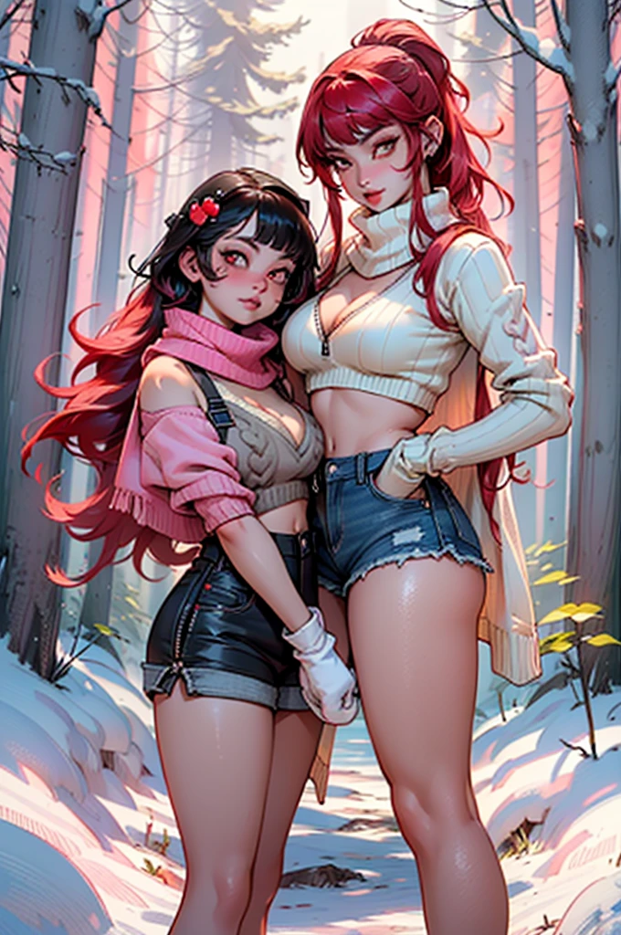 explorer girl,1girl,((extremely cute and beautiful red haired explorer girl)),(((18 years old))),(large breasts:1.4),((((red hair:1.35,absurdly long unkempt hair,ponytail red hair,bangs,colored inner hair,ear breathing)))),(((red_eyes:1.3))),intricate eyes,beautiful detailed eyes,symmetrical eyes,((((lustrous skin:1.5,tanned skin,bright skin:1.5,skin tanned,shiny skin,very shiny skin,shiny body)))),(spider lower abdomen,narrow waist,wide hip,athletic body,inflated legs,thick thighs,detailed body,(detailed face)),((heart pupils:1.5,heart:1.3,hearts:1.3,heart marks:1.3)),(ahegao face:1.5),
cute,slutty,seductive,erotic,(nsfw),
((large white socks:1.5,socks texture must be natural)),((deep V sweater:1.5)),((no bottoms)),((white mittens:1.5,white scarf:1.5),((navel)),((shorts,short shorts,denim shorts)),(((unzipped, open fly))),
(dynamic pose:1.0),embarrassed,(centered,scale to fit dimensions,Rule of thirds),
((snowy pink cherry forest:1.5,pink theme forest:1.5)),winter,scenery:1.25,((intricate scenery)),((snow forest background)),Christmas tree,
(Glossy winter ornaments),highres,sharp focus,(ultra detailed,extremely detailed),(photorealistic artwork:1.37),(extremely detailed CG unity 8k wallpaper),(((vibrant colors,vibrant theme))),(intricate),(masterpiece),(best quality),