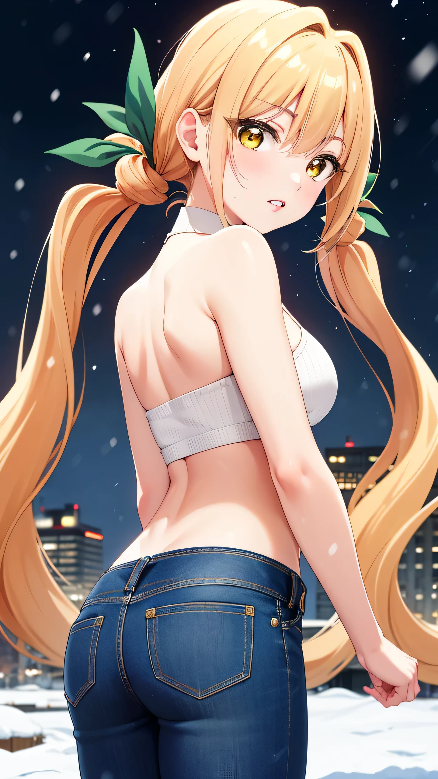 masterpiece, best quality, highly detailed, ultra high res, karane inda 1girl, solo, long hair, bangs, blonde hair, twintails, very long hair, hair ribbon, (yellow eyes:1.3), low twintails, glossy lips, full lips, city, winter, snow, halter top, jeans, looking back at viewer