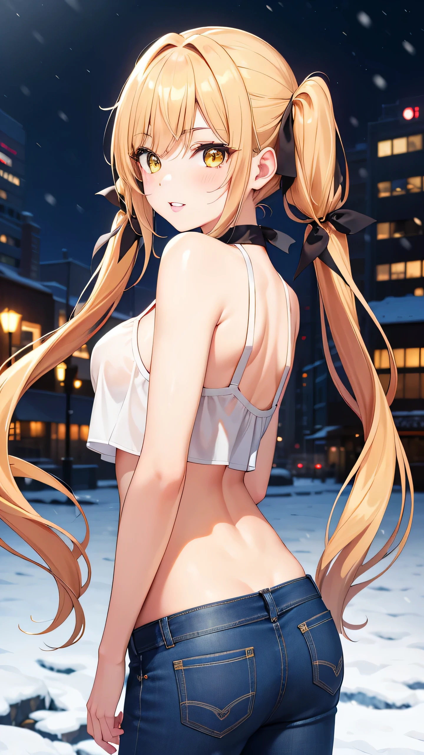 masterpiece, best quality, highly detailed, ultra high res, karane inda 1girl, solo, long hair, bangs, blonde hair, twintails, very long hair, hair ribbon, (yellow eyes:1.3), low twintails, glossy lips, full lips, city, winter, snow, halter top, jeans, looking back at viewer