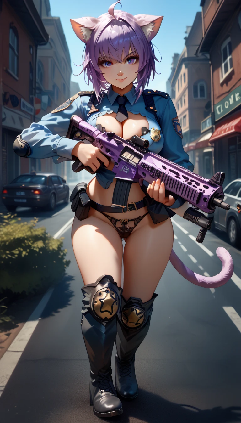 ultra-detailed, 1girl, okayu, ((masterpiece)), (best quality), (highres), 16K, ahoge, cat tail, purple hair, wearing police uniform, tactical belt, knee pads, boots, black panties, busty body, large breasts and a beautiful ass, showcasing cleavage, legs, hips, holding assault rifle, looking at viewer, smile, detailed face, detailed hair, detailed full body, street background