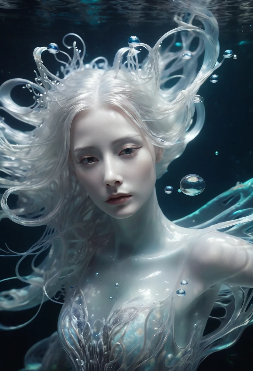 (style underwater background :1.0), A beautiful ethereal underwater creature, long flowing white hair, translucent skin, swirls of dark water, luminescent bubbles, surreal, dreamlike, serene, otherworldly, intricate details, high quality, 8k, photorealistic, masterpiece:1.1), (HD quality:1.1)(best quality:1.1),