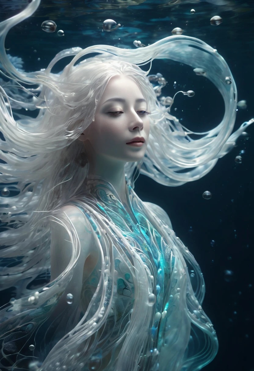 (style underwater background :1.0), A beautiful ethereal underwater creature, long flowing white hair, translucent skin, swirls of dark water, luminescent bubbles, surreal, dreamlike, serene, otherworldly, intricate details, high quality, 8k, photorealistic, masterpiece:1.1), (HD quality:1.1)(best quality:1.1),