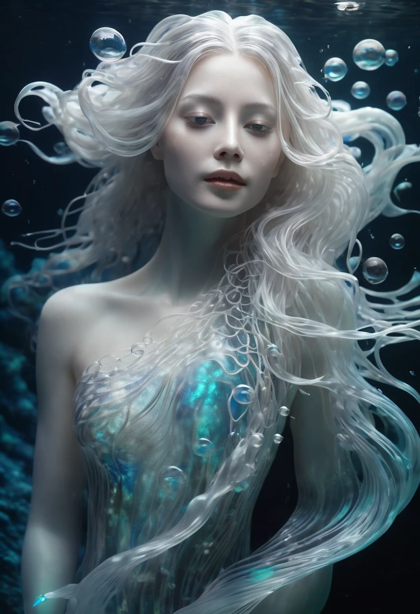 (style underwater background :1.0), A beautiful ethereal underwater creature, long flowing white hair, translucent skin, swirls of dark water, luminescent bubbles, surreal, dreamlike, serene, otherworldly, intricate details, high quality, 8k, photorealistic, masterpiece:1.1), (HD quality:1.1)(best quality:1.1),