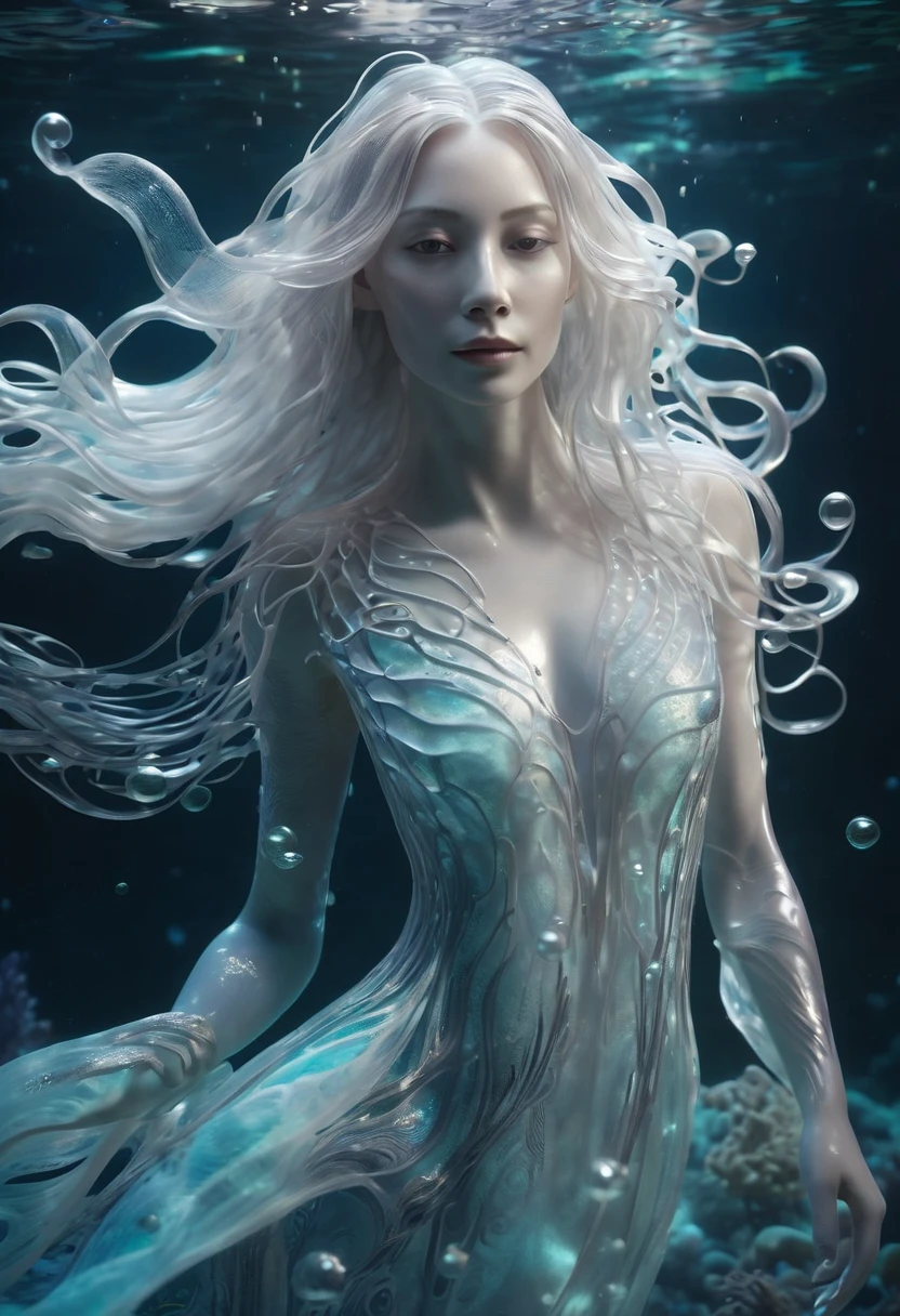 (style underwater background :1.0), A beautiful ethereal underwater creature, long flowing white hair, translucent skin, swirls of dark water, luminescent bubbles, surreal, dreamlike, serene, otherworldly, intricate details, high quality, 8k, photorealistic, masterpiece:1.1), (HD quality:1.1)(best quality:1.1),